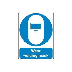 Safety sign wall decal with blue welding mask icon and Wear welding mask text.