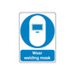 Safety sign wall decal with blue welding mask icon and Wear welding mask text.