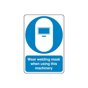 Blue safety sign wall decal with welding mask icon and warning text