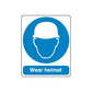 Safety helmet sign sticker with blue helmet icon and text 'Wear helmet'