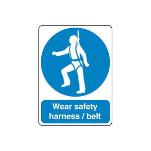 Safety sign wall decal with blue circle and worker icon; text "Wear safety harness / belt".