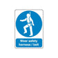 Safety sign wall decal with blue circle and worker icon; text "Wear safety harness / belt".