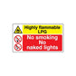 Rectangular safety sign decal: Highly flammable LPG; No smoking; No naked lights