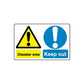Safety warning vinyl decal: yellow triangle, blue exclamation, 'Disaster area' and 'Keep out'.
