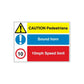 Caution pedestrians safety sign decal with horn and 10mph speed limit icons