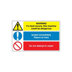 Safety warning decal with yellow triangle, blue and red text boxes, and no-repair symbol