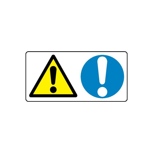 Safety sign vinyl sticker with yellow warning triangle and blue exclamation circle