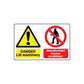 Safety warning sticker with yellow danger triangle and no-person prohibited sign