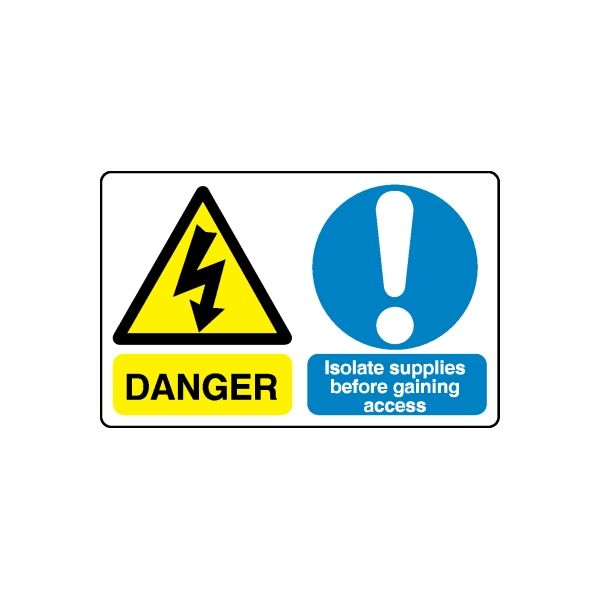 Safety sign wall decal with yellow danger triangle and blue exclamation circle