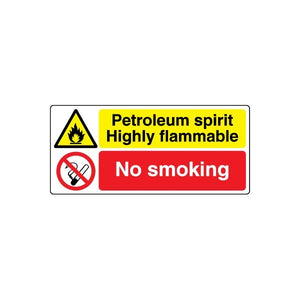 Safety sign wall decal: petroleum spirit highly flammable, no smoking, flame warning triangle