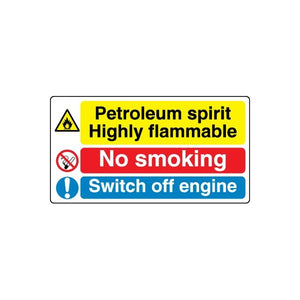 Safety warning sticker: Petroleum spirit highly flammable, No smoking, switch off engine