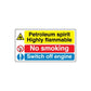 Safety warning sticker: Petroleum spirit highly flammable, No smoking, switch off engine