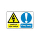 Safety warning sticker with yellow lightning danger and blue exclamation keep away