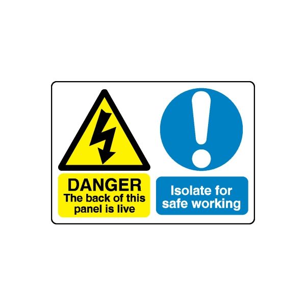 Safety warning vinyl decal with yellow danger triangle, lightning icon, and blue ! circle