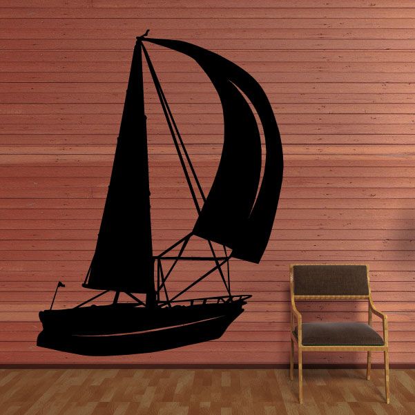 Sailboat wall decal, black vinyl sailboat silhouette with sail and mast