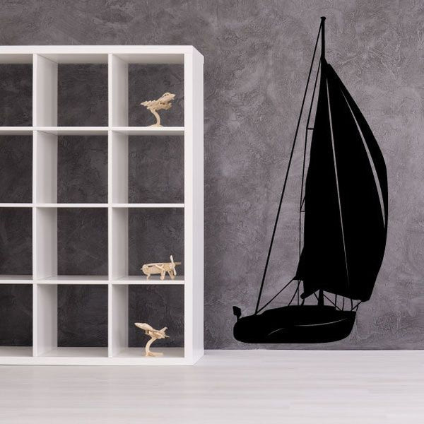 Sailboat wall decal with black sail and three bird silhouettes