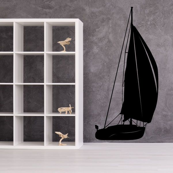 Sailboat wall decal with black sail and three bird silhouettes