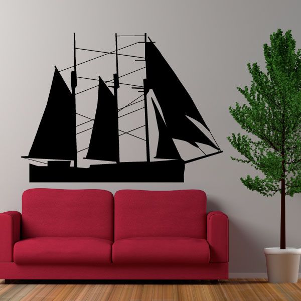 Black sailboat wall decal with mast and sails