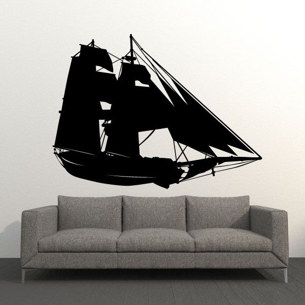 Black sailboat wall decal with sails and masts, vinyl sticker.