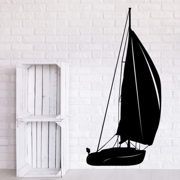 Sailboat wall decal with black sail and hull, white outlines, vinyl sticker design