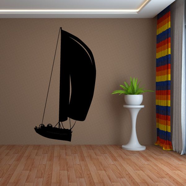 Black sailboat wall decal with raised sails and mast, vinyl style