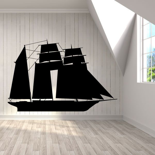 Black sailboat wall decal with billowing sails and rigging lines