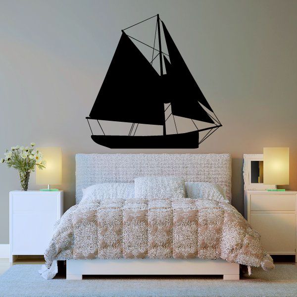 Black sailboat wall decal with raised sails and detailed rigging