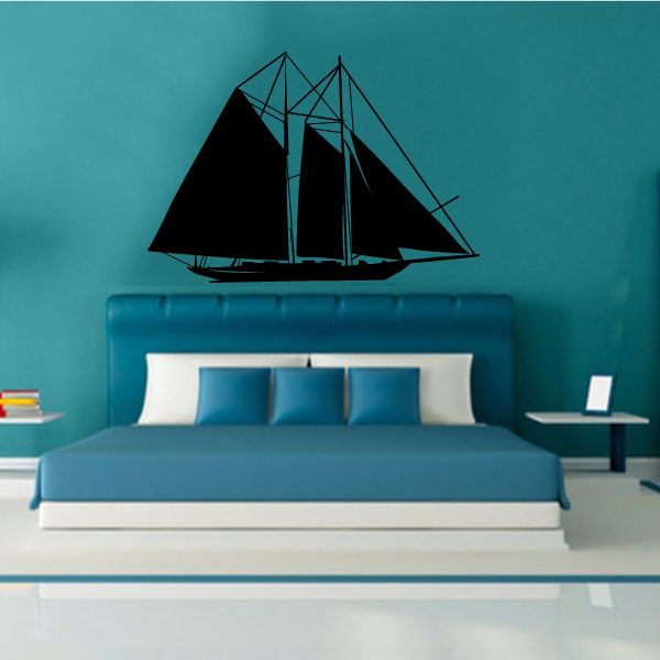 Sailboat wall decal vinyl with black sailboat silhouette and detailed rigging