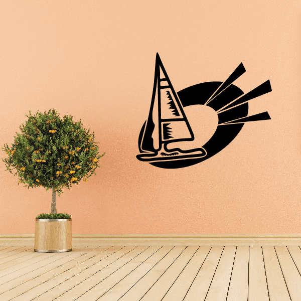 Sailboat wall vinyl decal with black sailboat silhouette and radiating rays