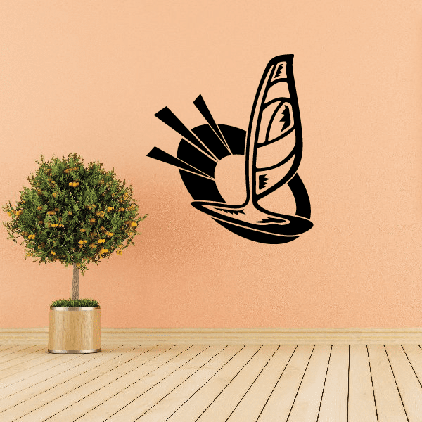 Sailboat wall decal, black vinyl sailboat silhouette with sail and waves