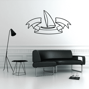 Sailboat wall decal with sail and curved hull, black outline