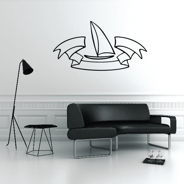 Sailboat wall decal with sail and curved hull, black outline