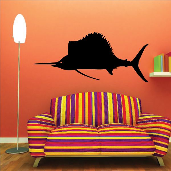Black sailfish wall decal with fins and tail