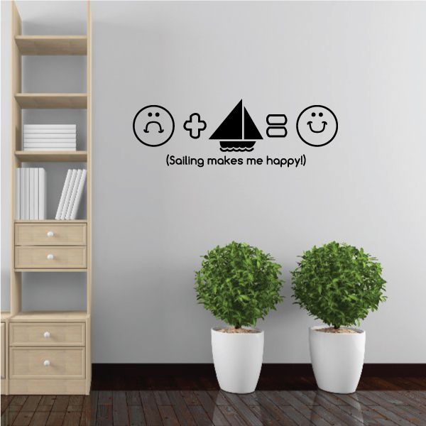 Sailboat wall decal with smiley faces and text 'Sailing makes me happy!'