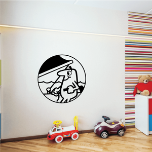 Sailing-themed vinyl wall decal with circular black sailor illustration and waves