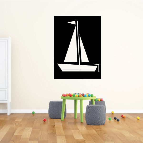 Sailing vinyl wall decal with a white sailboat on dark square background