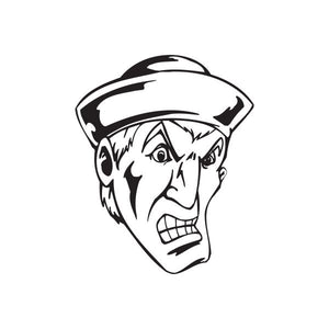 Sailor face decal: black-and-white illustrated sailor head with hat and intense expression
