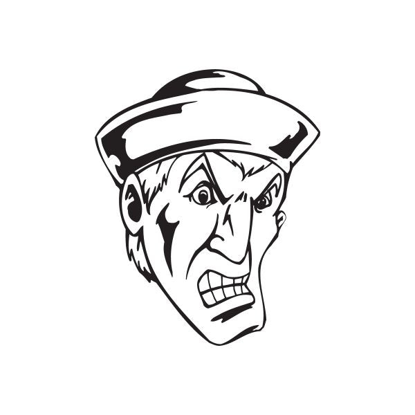 Sailor face decal: black-and-white illustrated sailor head with hat and intense expression