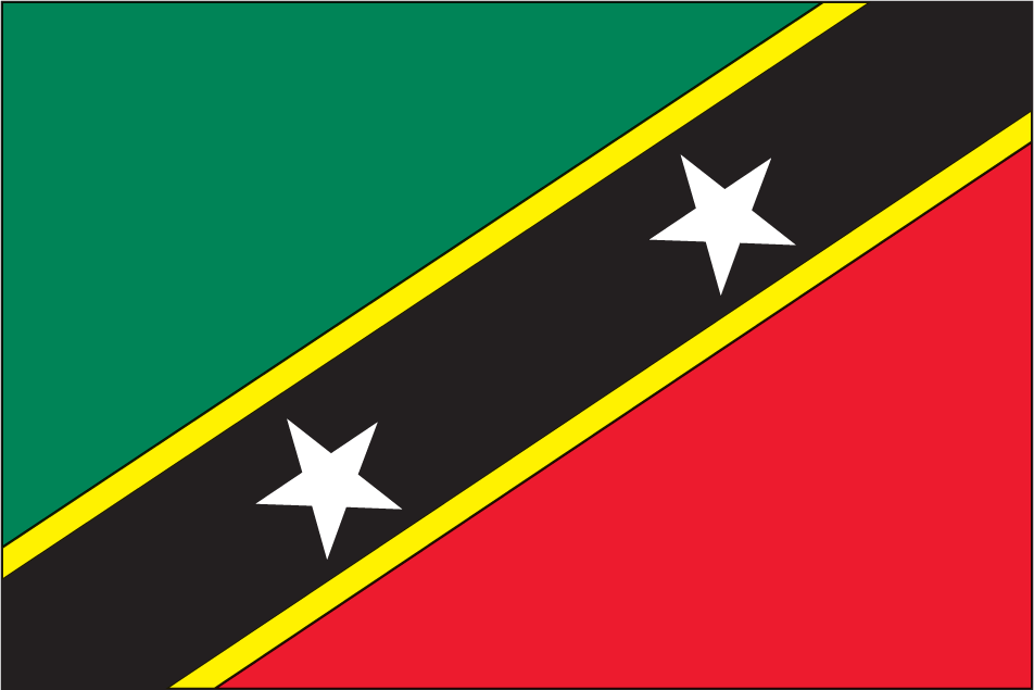 Nevis flag sticker with green, black, red diagonal stripes and two white stars