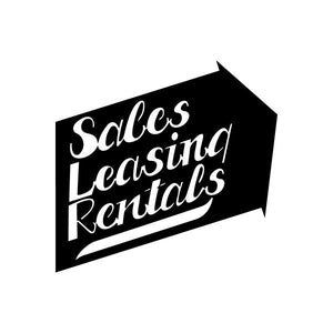 Vinyl decal sign with black background and white cursive 'Sales Leasing Rentals'