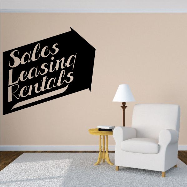 Black vinyl wall decal shaped like a sign, reading Sales Leasing Rentals