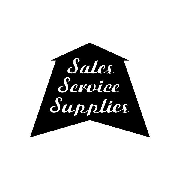 Black arrow sign decal with white script text: Sales Service Supplies