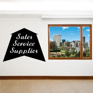 House-shaped black vinyl wall decal with white 'Sales Service Supplies' lettering