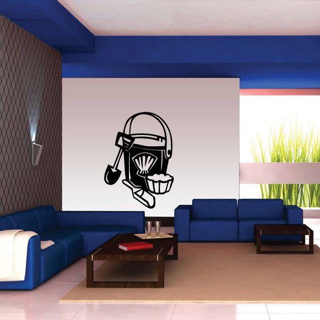 Skull in mining helmet shovel wall decal, black and white vinyl