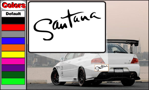 Santana decal sticker on car rear, white script logo