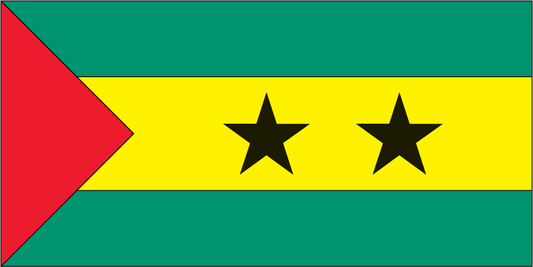 Rectangular flag sticker with green-red triangle, yellow stripe, two black stars