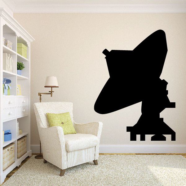 Black satellite dish wall decal with dish and mounting base silhouette