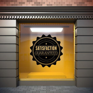 Black round wall decal with SATISFACTION GUARANTEED text badge