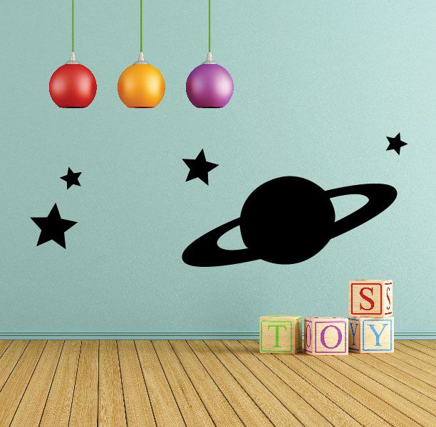 Saturn and stars wall decal with dark planet, rings, and small star shapes