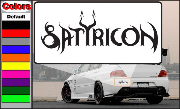 Satyricon logo decal with black stylized text on white backing
